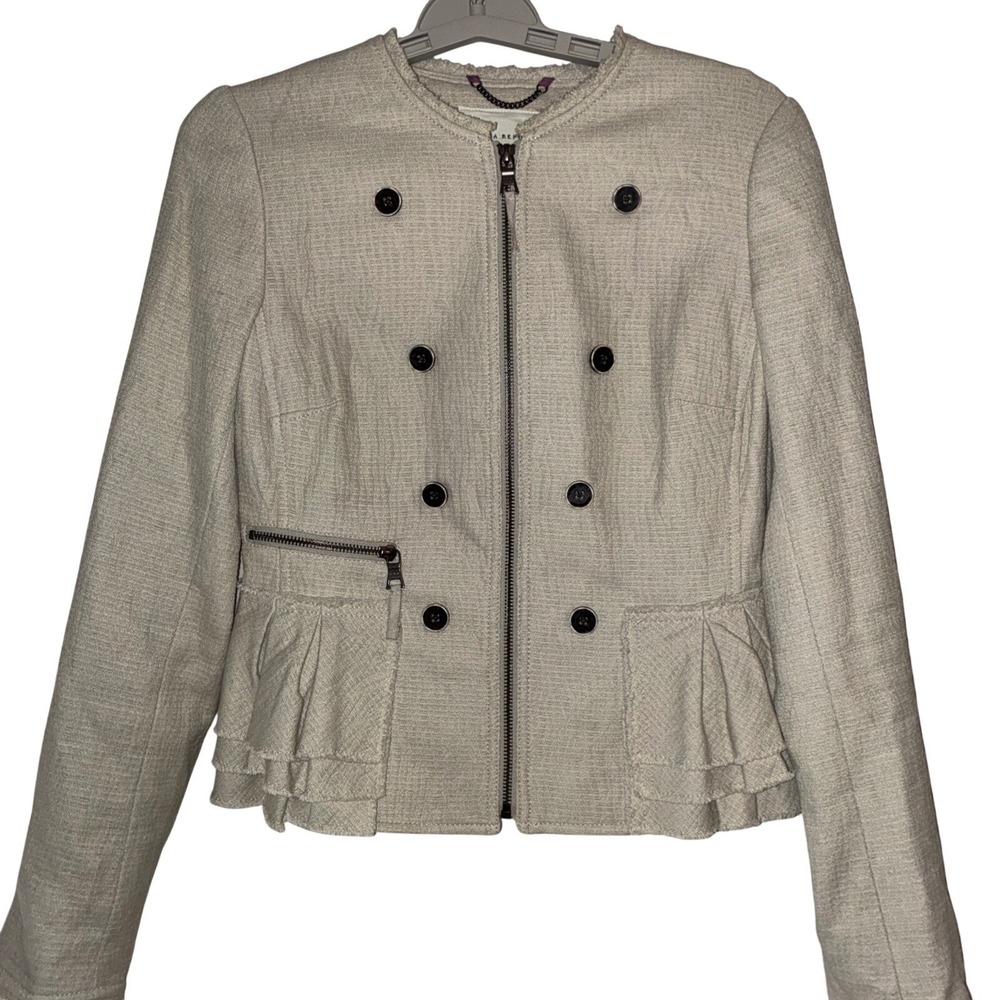 Banana Republic Peplum Jacket Women 2 Beige Textured Raw Edge Blazer Military